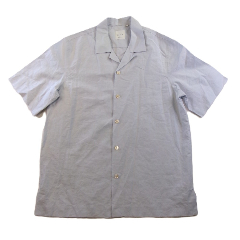 Paul Smith Mens M Short Sleeve Button Up Shirt Blue Linen Blend Made in Italy